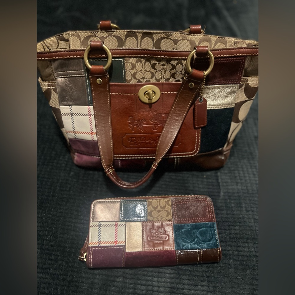 VTG Coach signature Holiday patchwork gallery tote purse Ltd Ed Brown Leather